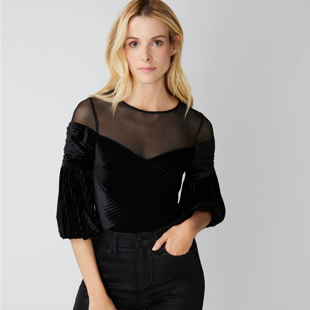 BCBG Max Azeria Sheer Velvet Off-Shoulder Black Bodysuit